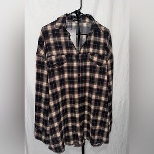 NWT PrettyLittleThing Black Beige Plaid Flannel Oversized Button Down Shirt